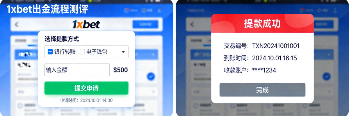 1xbet 出金流程實測畫面展示，顯示提款申請頁面與成功通知
