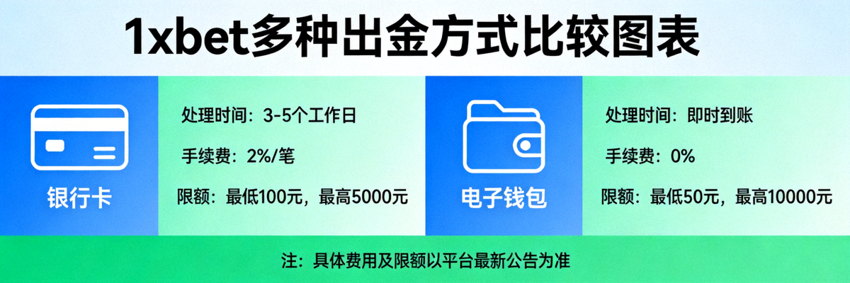 1xbet 多種出金方式比較圖表，包含銀行卡、電子錢包等